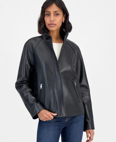 Calvin Klein Women's Leather Stand-collar Zip-up Jacket, Created For Macy's In Black