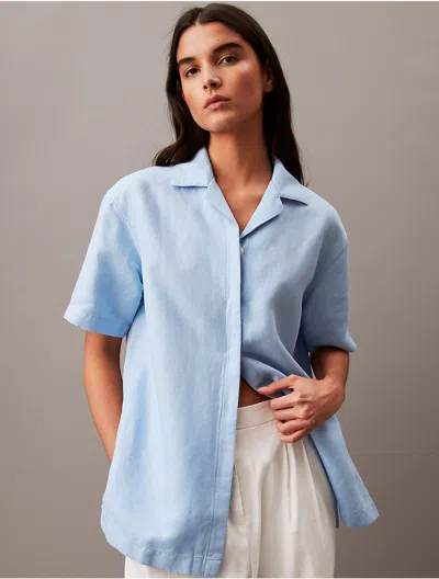 Calvin Klein Women's Linen Blend Camp Button-down Shirt In Blue Bell