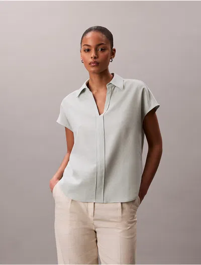 Calvin Klein Women's Linen Blend Short Sleeve Classic Shirt In Blue