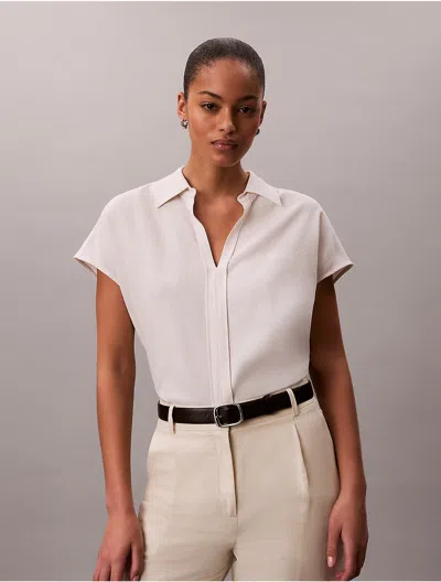 Calvin Klein Women's Linen Blend Short Sleeve Classic Shirt In White