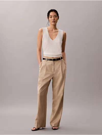 Calvin Klein Women's Linen Blend Tailored Wide Leg Pants In Brown