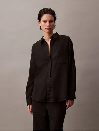 Calvin Klein Women's Linen Cotton Utility Relaxed Button-down Shirt In Black