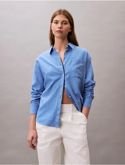 Calvin Klein Women's Linen Cotton Utility Relaxed Button-down Shirt In Silverlake Blue