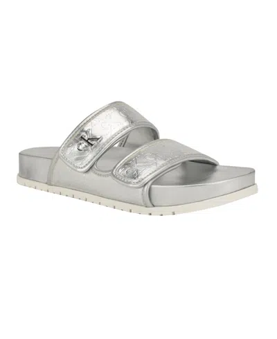 Calvin Klein Women's Landesa Double Band Flat Slip-on Sandals In Silver Logo