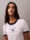 Calvin Klein Women's Logo Graphic Cropped Classic T-shirt In Brilliant White / Baritone Blue