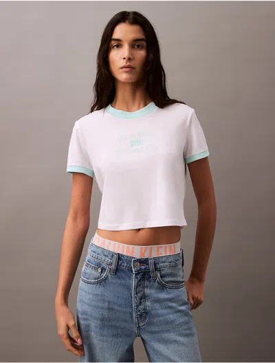 Calvin Klein Women's Logo Graphic Cropped Classic T-shirt In Brilliant White / Blue Light