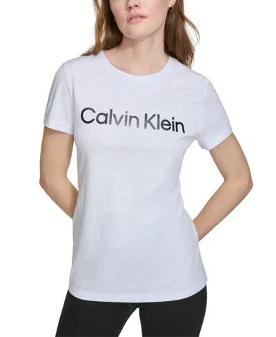 Calvin Klein Women's Logo Graphic Short-sleeve Top In Optic Heather