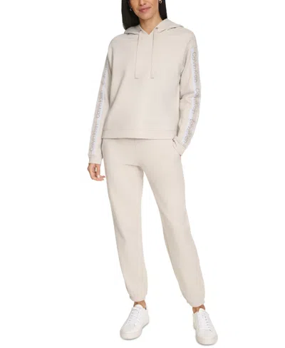 Calvin Klein Women's Logo Stripe Pullover Hoodie In Porcini