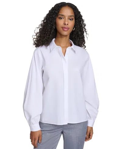 Calvin Klein Women's Long-sleeve Button-down Covered-placket Cotton Top In White