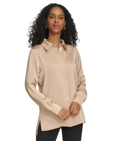 Calvin Klein Women's Long Sleeve High-low Collared Shirt In Nomad