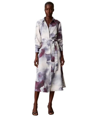 Calvin Klein Women's Long Sleeve Midi Satin Shirt Dress In White