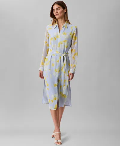 Calvin Klein Women's Long Sleeve Printed Chiffon Belted Shirtdress In Halogen Blue