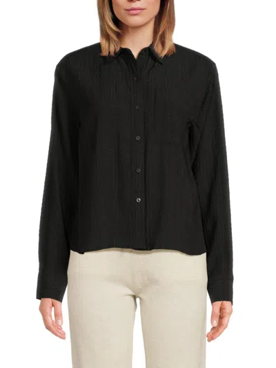 Calvin Klein Women's Long Sleeve Puckered Button Down Shirt In Black