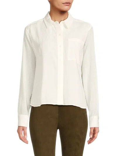 Calvin Klein Women's Long Sleeve Puckered Button Down Shirt In Cream