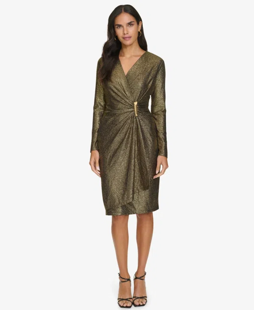Calvin Klein Petite Metallic Faux-wrap Sheath Dress In Black Gold | ModeSens