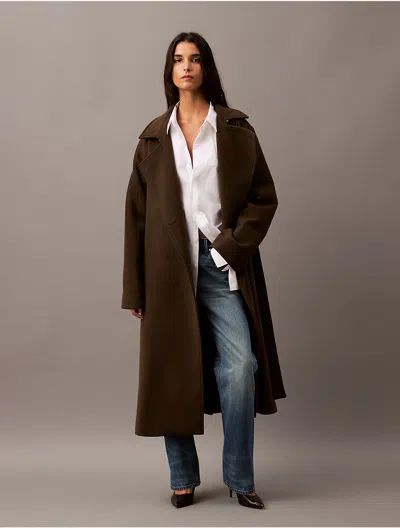 Calvin Klein Women's Long Wool Cashmere Blend Trench Coat In Brown