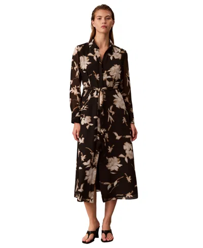 Calvin Klein Women's Long-sleeve Floral-print Midi Dress In Brown