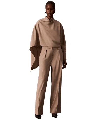 Calvin Klein Women's Long-sleeve Point-collar Scarf-draped Front Blouse In Light Iron Melange
