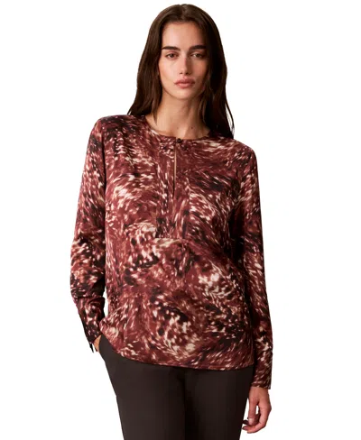 Calvin Klein Women's Long-sleeve Printed Satin Blouse In Brown