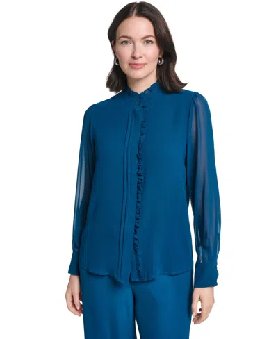 Calvin Klein Women's Long-sleeve Ruffle Front Mock Neck Blouse In Blue