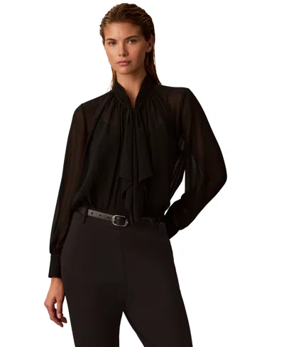 Calvin Klein Women's Long-sleeve Ruffle Neck Chiffon Blouse In Black