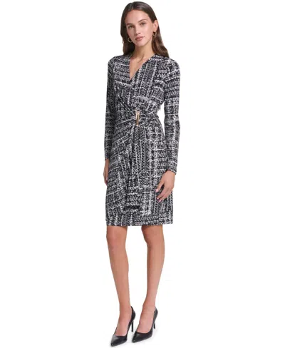 Calvin Klein Women's Long-sleeve V-neck Printed Sheath Dress In Gray