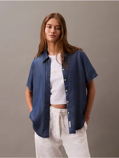 Calvin Klein Women's Lyocell Button-down Short Sleeve Shirt In Blue Ocean