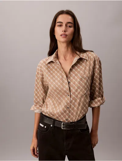 Calvin Klein Women's Lyocell Stripe Classic Button-down Shirt In Brown