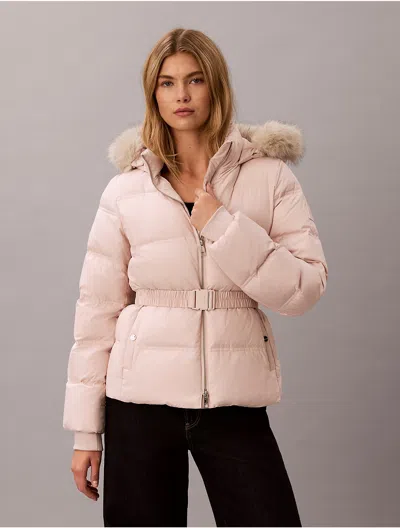 Calvin Klein Women's Matte Belted Short Puffer Jacket In Pink