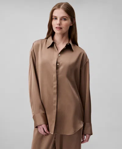 Calvin Klein Women's Matte-satin Button-down Shirt In Fossil