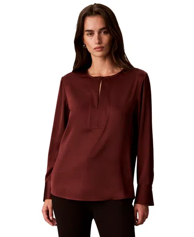 Calvin Klein Women's Matte Satin Long-sleeve Blouse In Red