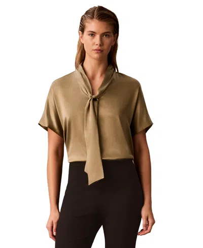 Calvin Klein Women's Matte Satin Tie-neck Blouse In Brown