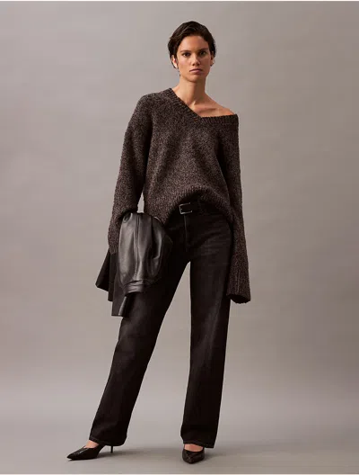 Calvin Klein Women's Melange Wool V-neck Sweater In Black Olive Heather