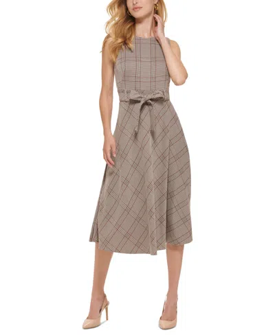 Calvin Klein Women's Menswear Plaid Belted Midi Dress In Neutral
