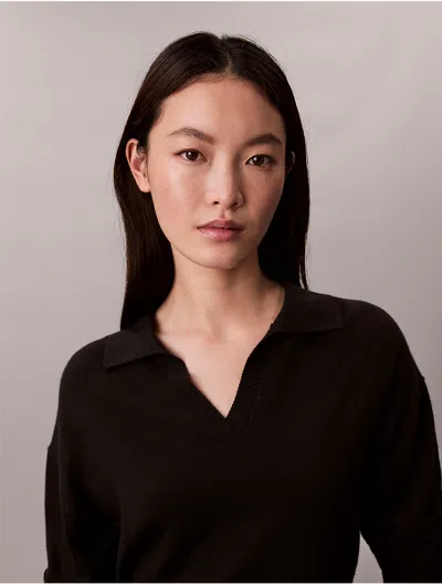 Calvin Klein Women's Merino Wool Blend Relaxed Polo Sweater In Black