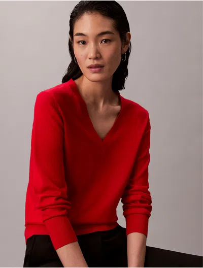 Calvin Klein Women's Merino Wool V-neck Sweater In Red