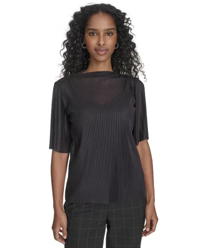 Calvin Klein Women's Mesh Elbow-sleeve High-neck Top In Black