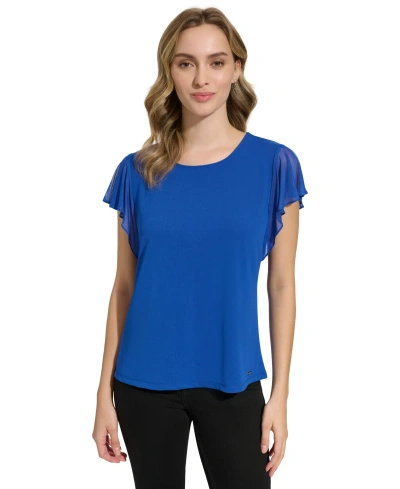 Calvin Klein Women's Mesh Sleeve Top In Klein Blue