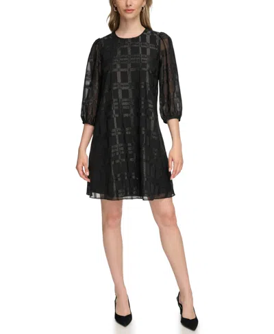 Calvin Klein Metallic Plaid Chiffon Trapeze Dress In Black