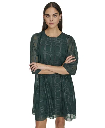 Calvin Klein Women's Metallic Geometric-print 3/4-sleeve Shift Dress In Green