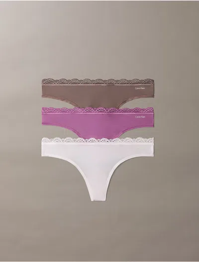 Calvin Klein Women's Microfiber Stretch With Lace 3-pack Thong In Iron/ Crystal Blush/ Dusty Orchid