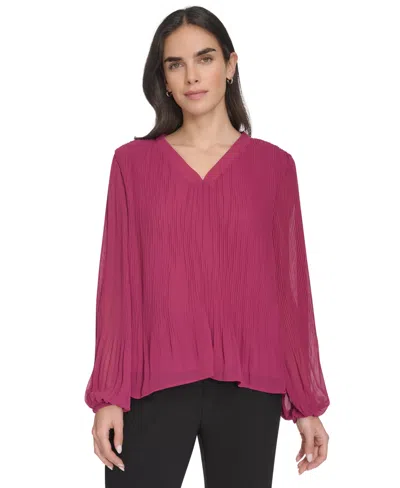 Calvin Klein Women's Mini-pleated V-neck Long-sleeve Top In Mulberry