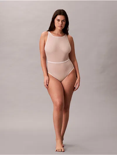 Calvin Klein Women's Minimalist Mesh Mid Thigh Bodysuit In Neutral