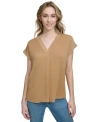 CALVIN KLEIN WOMEN'S MIXED MEDIA CAP-SLEEVE V-NECK TOP