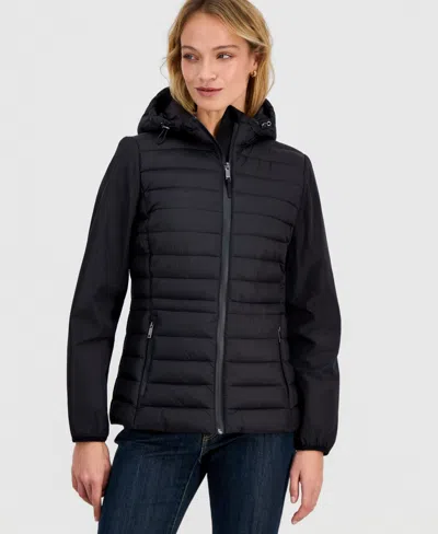 Calvin Klein Women's Mixed-media Packable Coat In Black