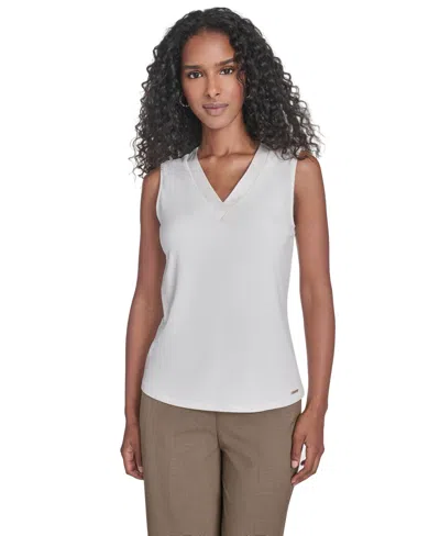 Calvin Klein Women's Mixed-media Sleeveless Blouse In White