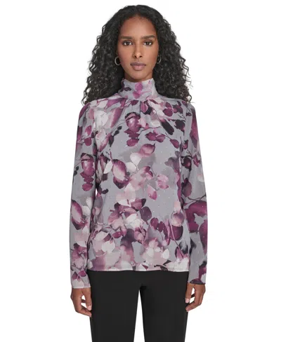 Calvin Klein Women's Mock Neck Long Sleeve Chiffon Blouse In Purple