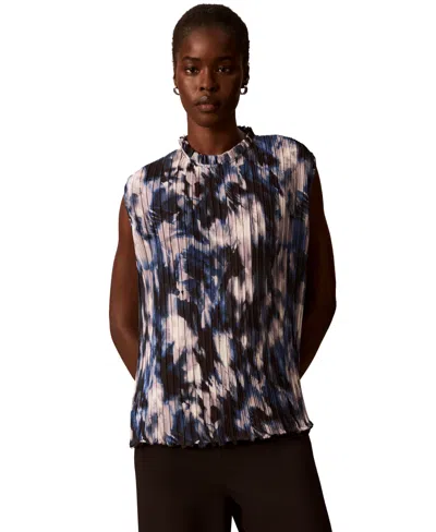 Calvin Klein Women's Mock Neck Sleeveless Printed Blouse In Estate Blue Multi