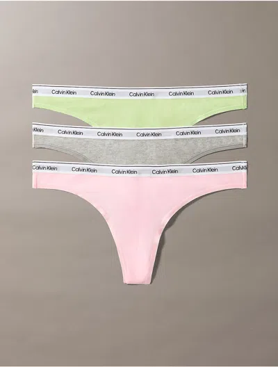 Calvin Klein Women's Modern Logo 3-pack Low Rise Thong In Buff Pink / Grey Heather / Highline Green