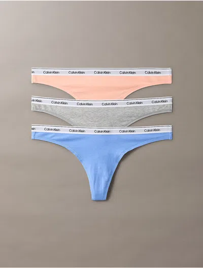 Calvin Klein Women's Modern Logo 3-pack Low Rise Thong In Glacier / Melon Frenzy / Grey Heather